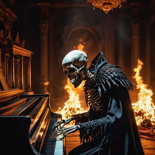 A hauntingly vivid scene depicting a skeletal figure shrouded in tattered robes, playing a piano engulfed in flames. The skeleton, with a ghostly, skull-like face, exudes an aura of dark mystery and s