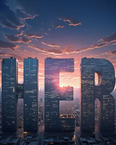 architecture city scape, buildings in "HER" shape,a tall skyline with skyscrs that are lit up in the night,dusk background,blur office background,hub,urbanized,cities,urban,la,highrises,cube backgroun