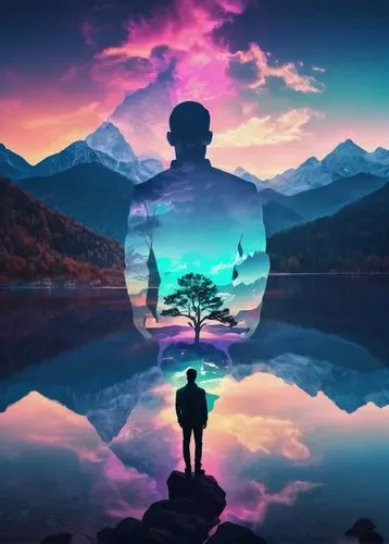 A captivating double exposure photograph that artfully blends a man's silhouette with a breathtaking landscape of mountains, a serene lake, and a sky full of clouds. The man's figure is positioned bet