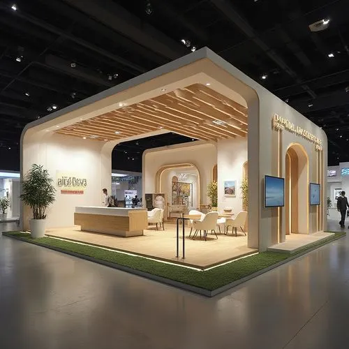 I need a exhibition booth design of 150sqm area having a reception, a meeting space and some casual/informal meeting spaces. The design should represent Pakistani culture as a country, having some sus