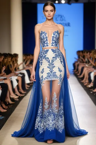 Make the woman more attractive and feminine by adding dark makeup. Preserve the patterns and improve the image quality.,a young woman in a blue and white evening gown with a sheer skirt,a floor-length