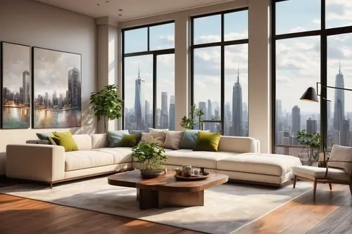 Modern living room, cozy atmosphere, wooden floor, cream-colored walls, minimalist furniture, L-shaped sofa, glass coffee table, floor-to-ceiling windows, urban view, city skyscrapers, blue sky, white