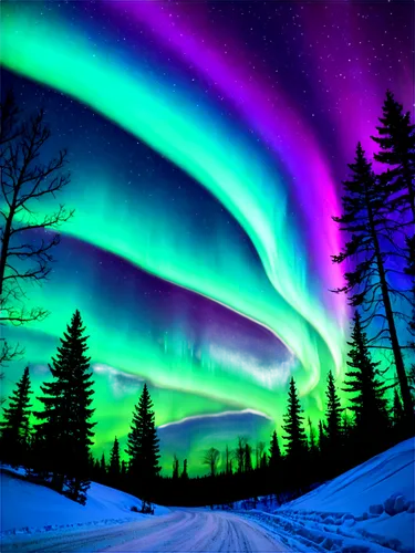 Northern Lights, night sky, vibrant colorful aurora, swirling patterns, green blue purple hues, stars twinkling, dark silhouette trees, snowy landscape, cold misty air, panoramic view, low angle shot,