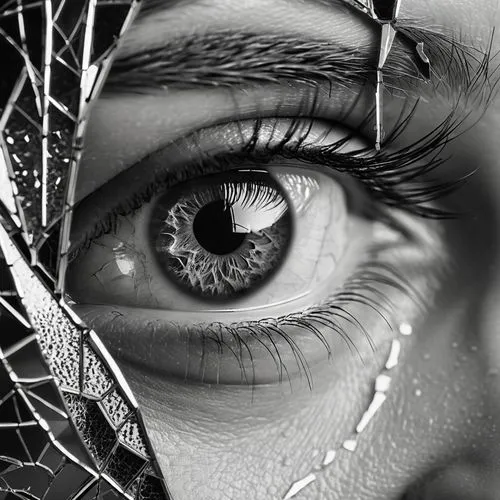 A close up of an eye reflecting in the broken mirror, in the style of Emma Andijewska. A beautiful woman's face reflected on cracked glass, monochrome digital art,regard,tear of a soul,teardrops,eyes 