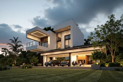 a large white modern house with several cars parked in front,modern house,modern architecture,beautiful home,luxury home,3d rendering,cube house,residential house,dreamhouse,dunes house,holiday villa,