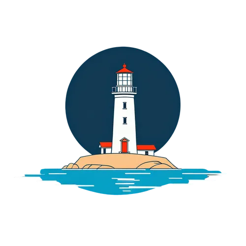 Logo for Promeai on the theme of lighthouse in a small island in ocean, flat, vector, 2d, line art, wtih text "Promeai",lighthouse,petit minou lighthouse,electric lighthouse,nautical clip art,light ho