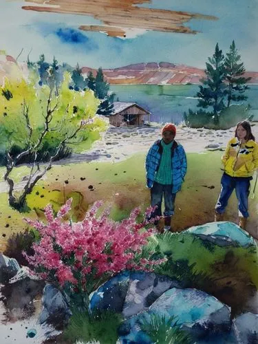 Берег озера, камни, куст миндаля, акварель,an image of a painting that looks like a couple,watercolor background,children drawing,watercolor painting,happy children playing in the forest,watercolor,wa