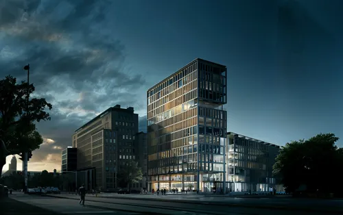 modern building at night, city,some very tall building and some dark clouds,arkitekter,rigshospitalet,mvrdv,europan,gronkjaer,rikshospitalet,appartment building,3d rendering,bouygues,nanterre