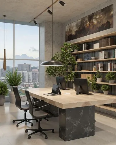 An industrial-style office interior with raw concrete walls, floor-to-ceiling glass windows overlooking a scenic landscape, a minimalist wooden desk, modern black office chairs, and greenery for a vib