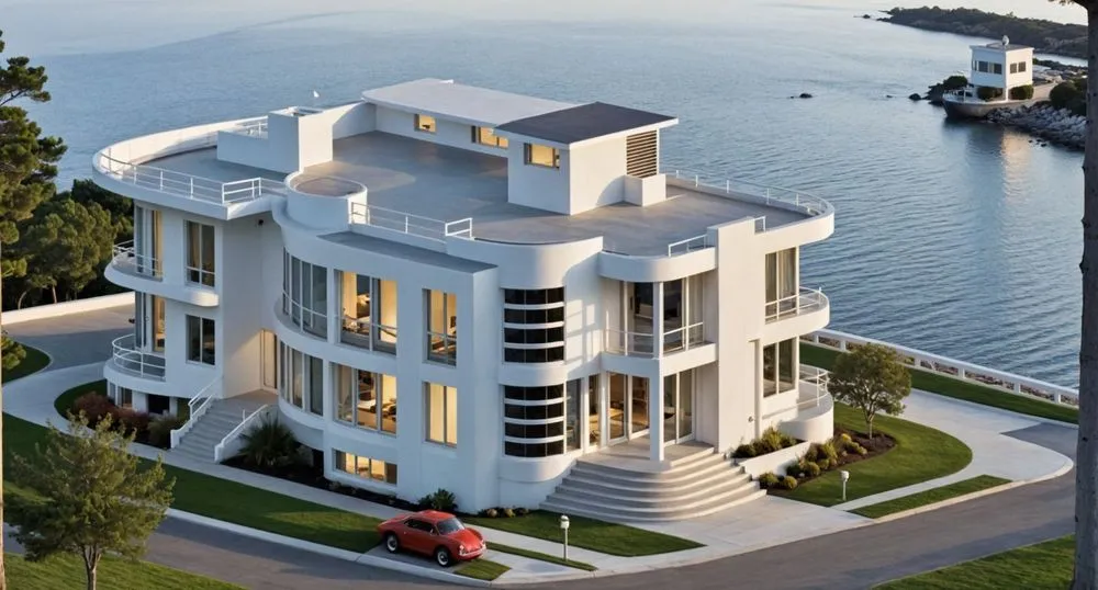 this large white house is next to the ocean