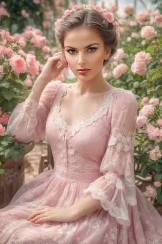 a young woman in a flower garden in a lace pink and white dress with long draped sleeves reclining ,a girl in a lace pink dress is sitting in a garden,rose png,rosa 'the fairy,peach rose,habanera,pink