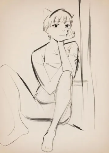 A minimalist anime-style character with realistic human proportions. The character has a boyish, medium-length haircut, cat ears, an upturned nose, and a round face. The drawing is an unfinished, roug