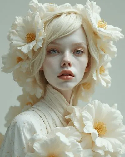 A woman whose skin texture resembles crumpled white paper, evoking the delicate beauty of a Japanese kintsugi mug, where gold patches tell a story of resilience and creativity. Her face and body show 