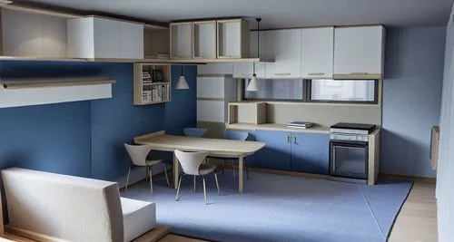 a blue and white kitchen has cupboards on the wall,kitchenette,kitchen design,habitaciones,modern kitchen interior,appartement,search interior solutions,modern kitchen,sky apartment,kitchen interior,c