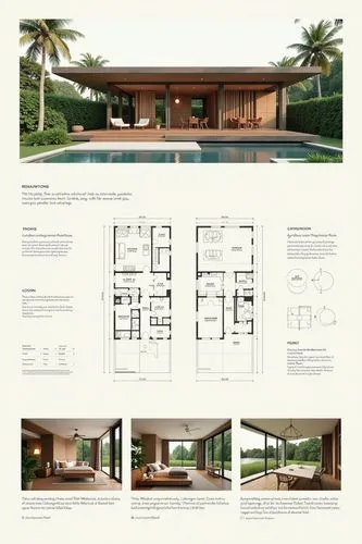 A professional architectural presentation board with a Pure background and a clean, minimalist design layout. The board includes:

Top Section: On the top left, a photorealistic render of a contempora