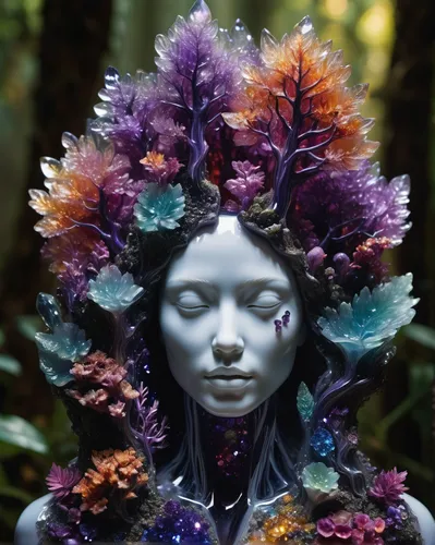 Human, made of Ametist Crystal Geode, Split open, showcasing crystals inside. Surrealistic concept photography,faerie,faery,dryad,garden sculpture,fairy peacock,png sculpture,mother earth statue,raven