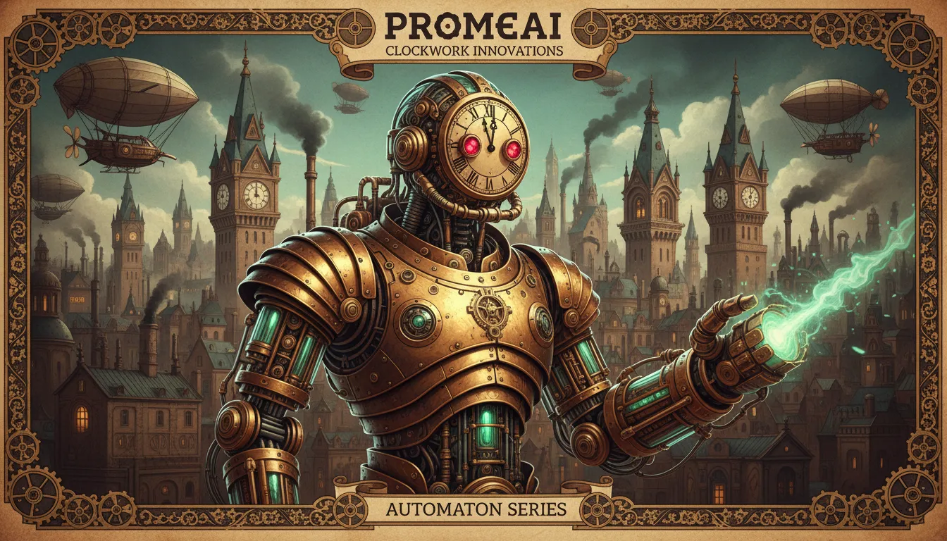 Ein hochdetailliertes, mit PromeAI erstelltes Clockpunk-Poster, das einen Automaten mit komplexen Uhrwerkmechanismen und polierten Messingtexturen zeigt.
