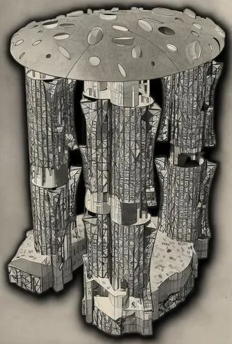 a Modern Building,an abstract black and white po of a futuristic structure,stack of letters,stool,tree stump,stacked rock,pyrites,paper art,megalith,vertebra,vertebrae,vertebral,steel sculpture,wood p