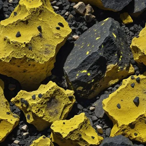 roccia spaccata nera con all'interno minerali giallo fluorescente,large rocks covered in yellow and black colored rocks,sulfur,augite,pitchblende,pyrites,tektite,solidified lava,slag,pyroxenes,pyroxen