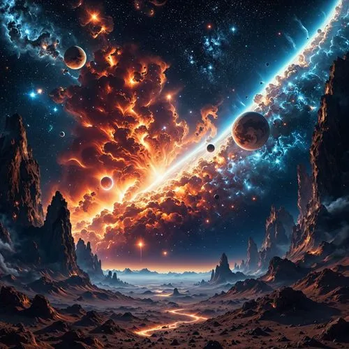 A space scene, glowing cloud gasses, 8k resolution, highly detailed,  masterpiece,an illustration of a group of planets flying around,space art,fire planet,alien world,volcanic,supernova,alien planet,