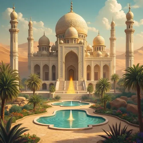 Illustrate a grand palace rising from the golden sands of a desert, with intricate domes and tall minarets made of polished marble and gold. Oasis gardens surround the palace, filled with magical foun