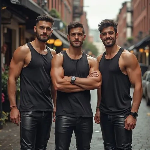 a handsome muscular Brazilian American man and his brothers in Boston wearing tank tops and leather pants, 30 and 27, 25 years old,Brazilian American brothers in Boston ,hunks,malefactor,black,trio,pl