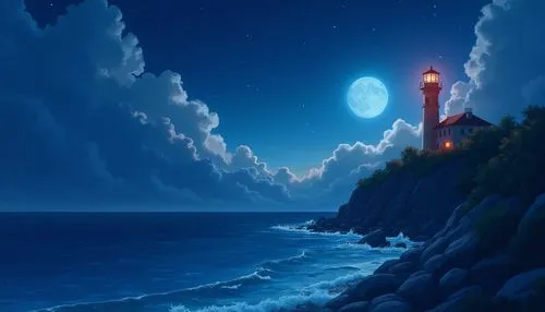 Viral anime cartoon in the style of Makoto Shinkai. A serene night scene of a night cloudy sky, ocean and a lighthouse on the cliff, moonlight filtering through the water; vibrant and warm color tempe