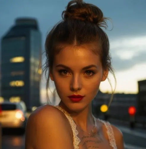a portrait of a beautiful Caucasian young woman, 22 years old with brown hair, brown eyes, and red lips, she has her hair tied up with a bun, she is wearing a black dress with a neckline. She is stand