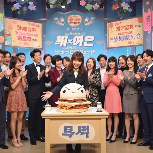 A dynamic and lively scene from a Japanese variety talk show. The central figure is a woman performing a playful and comedic act, exaggerated and intentionally over-the-top, drawing laughter and appla