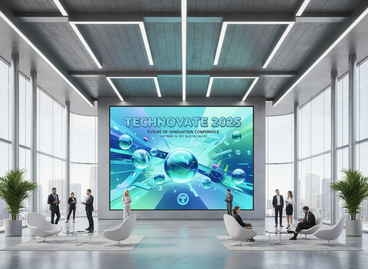 L'atrio di un ufficio moderno con un grande schermo digitale che mostra uno splendido poster Frutiger Aero che pubblicizza una conferenza tecnologica.