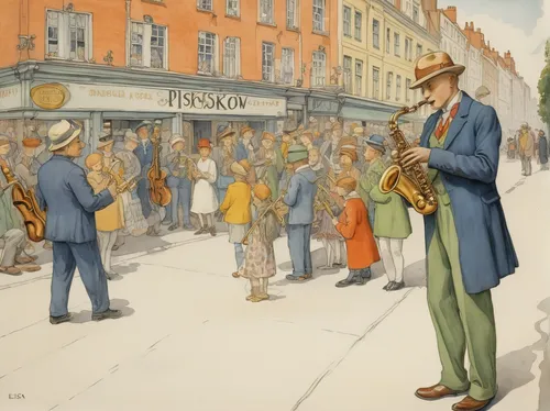 In a bustling city street, a street performer enchants passersby with their virtuosic saxophone performance.,man with saxophone,street musicians,saxophone playing man,itinerant musician,trumpet player