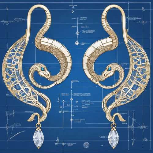 Gold earrings sketch design, snake shape, snake head tail, showing detailed components,constellation swan,constellation lyre,art nouveau design,art deco ornament,jewelry(architecture),gold ornaments,d