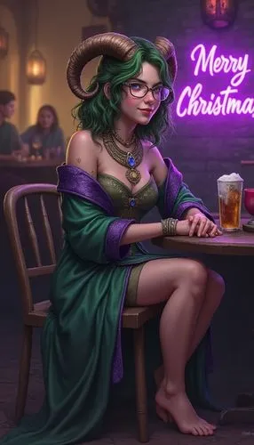 realistic colorful artwork style: A nerdy, glasses-wearing, ram-horned, shoulder-length green-haired, purple-eyed, barefoot, evil druid girl, wearing purple-trimmed green robes and Gothic jewelry, sea