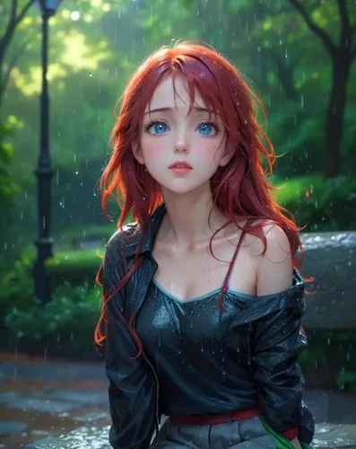 close-up of a young caucasian girl 21 years old , she is resting on a stone bench in Central Park New York, her red hair shedding at the tips, vivid blue eyes brightened by sunlight and red lips, in a