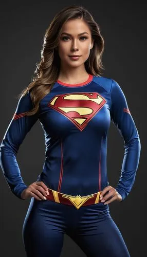 Design a Mockup jersey (long sleeve). The WOMAN has SUPERGIRL graphics on the front, front position, object floating on a black background,super woman,super heroine,superhero background,wonderwoman,su