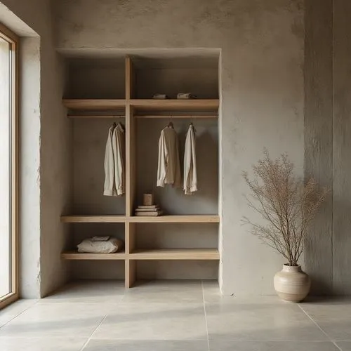  ,there is a closet that has a coat and an empty vase,mudroom,marazzi,ceramiche,walk-in closet,travertine,shelving,limewood,anastassiades,garderobe,wardrobes