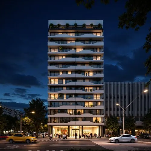 Geometric hotel facade, asymmetrical composition, rectangular windows, industrial materials, raw concrete walls, steel beams, minimalist decor, functional simplicity, bold color accents, abstract artw