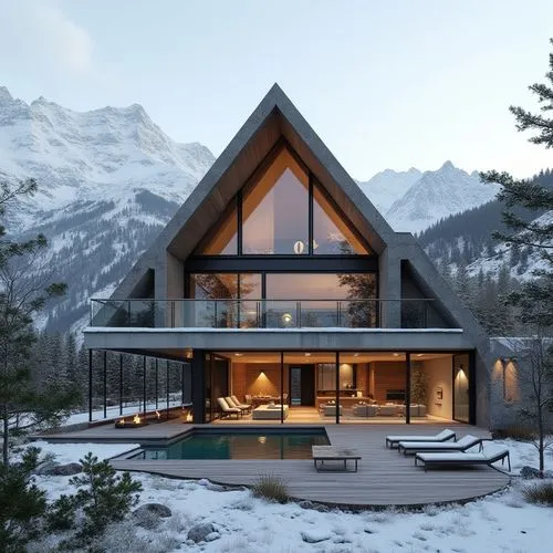 A hyper-realistic, high-resolution architectural photograph of a luxurious, alpine-style modern villa nestled in a mountainous landscape. The home features a prominent A-frame roof and is constructed