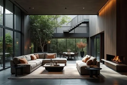 Italian Modern interior design in the style of aesthetics, Poliform Furniture style，Premium and Luxury， Exquisite, modern， large windows， The living room is adorned with elegant sofa sets, Large space
