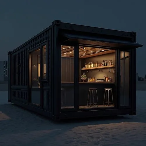 A black rectangle (shipping container proportions) an open window for serving food to customers outside, located in Saudi Arabi, kitchen inside the window, moucharabieh pattern on all the the exterior