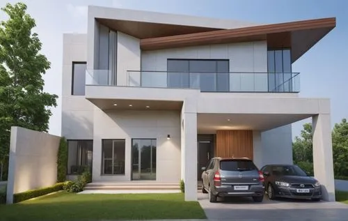 Architecture Design,a rendering of an amazing contemporary home with cars parked outside,modern house,modern architecture,frame house,exterior decoration,residential house,two story house,cube house,c