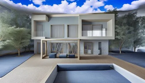 a house in the daytime with a view out a room,modern house,sky apartment,modern living room,render,interior modern design,sky space concept,cubic house,inverted cottage,mid century house,smart house,c