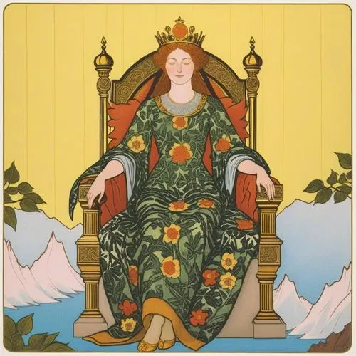 The Empress card typically features a serene and nurturing woman seated on a throne, surrounded by lush vegetation, symbolizing abundance, fertility, maternal care, and creativity.