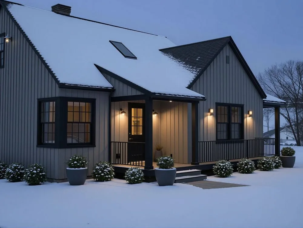 a house that is covered in snow at dusk