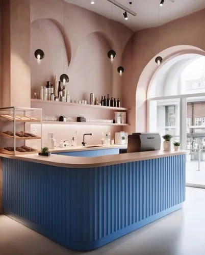 the interior of a coffee shop with a blue bar and a bright yellow floor,servery,bar counter,tile kitchen,gelateria,patisserie,pasteleria,Photography,General,Realistic