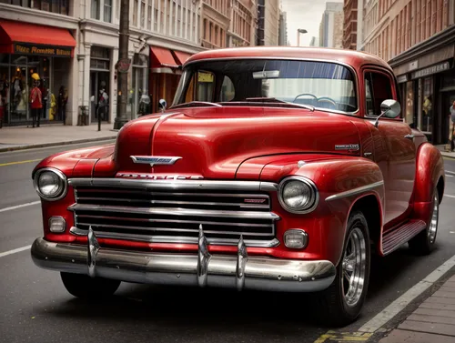 Vintage red Chevrolet  parked on city street,ford f-series,ford truck,dodge d series,chevrolet 150,chevrolet advance design,1949 ford,pickup-truck,studebaker e series truck,american classic cars,stude