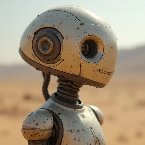 una androide semu reobot semi humano, desierto,an old robot with dirty face standing in the sand,robot eye,bot,social bot,robot,chat bot,droid,industrial robot,robotics,automatons,robots,humanoid,robo