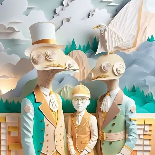 two people are wearing hats and one is a bird,industrialists,marzipan figures,statues,wooden figures,toymaker,the fan's background