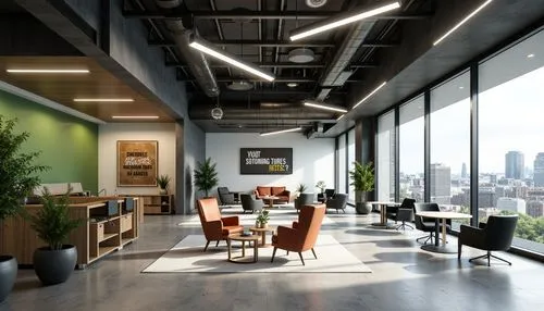 Modern office interior, sleek minimalist design, ergonomic furniture, ample natural light, open floor plan, collaborative workspaces, private meeting rooms, acoustic panels, subtle color scheme, polis