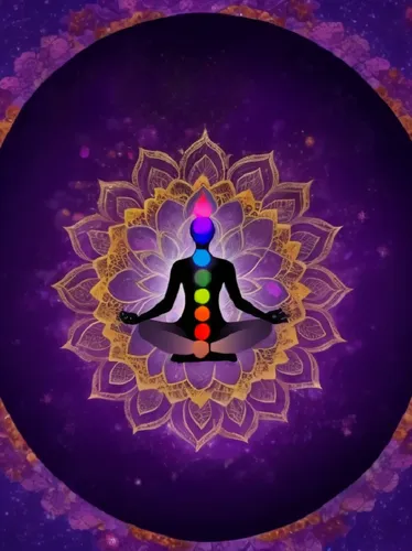 The bright points on the vertical line shine and sparkle. Many blue fireflies flutter around the central figure.,a person in lotus pose with a rainbow lit chakrage,kundalini,crown chakra,surya namaste